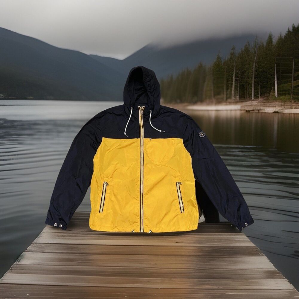 Polo Ralph Lauren Mens sz S Jacket Navy Blue Yellow Windbreaker Hooded Zip